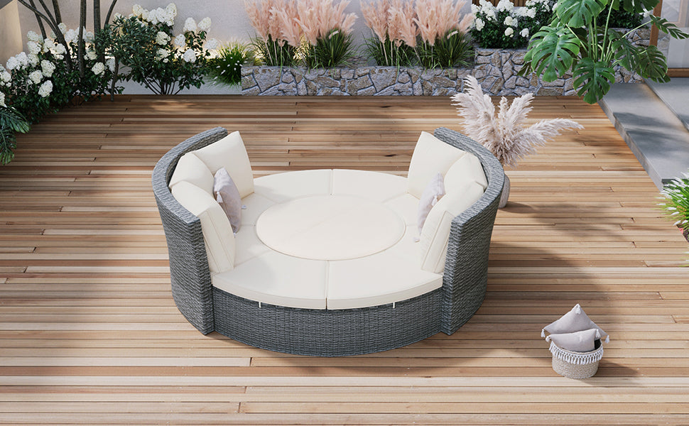 Patio 5-Piece Round Rattan Sectional All-Weather Sofa Set W/ Liftable Table