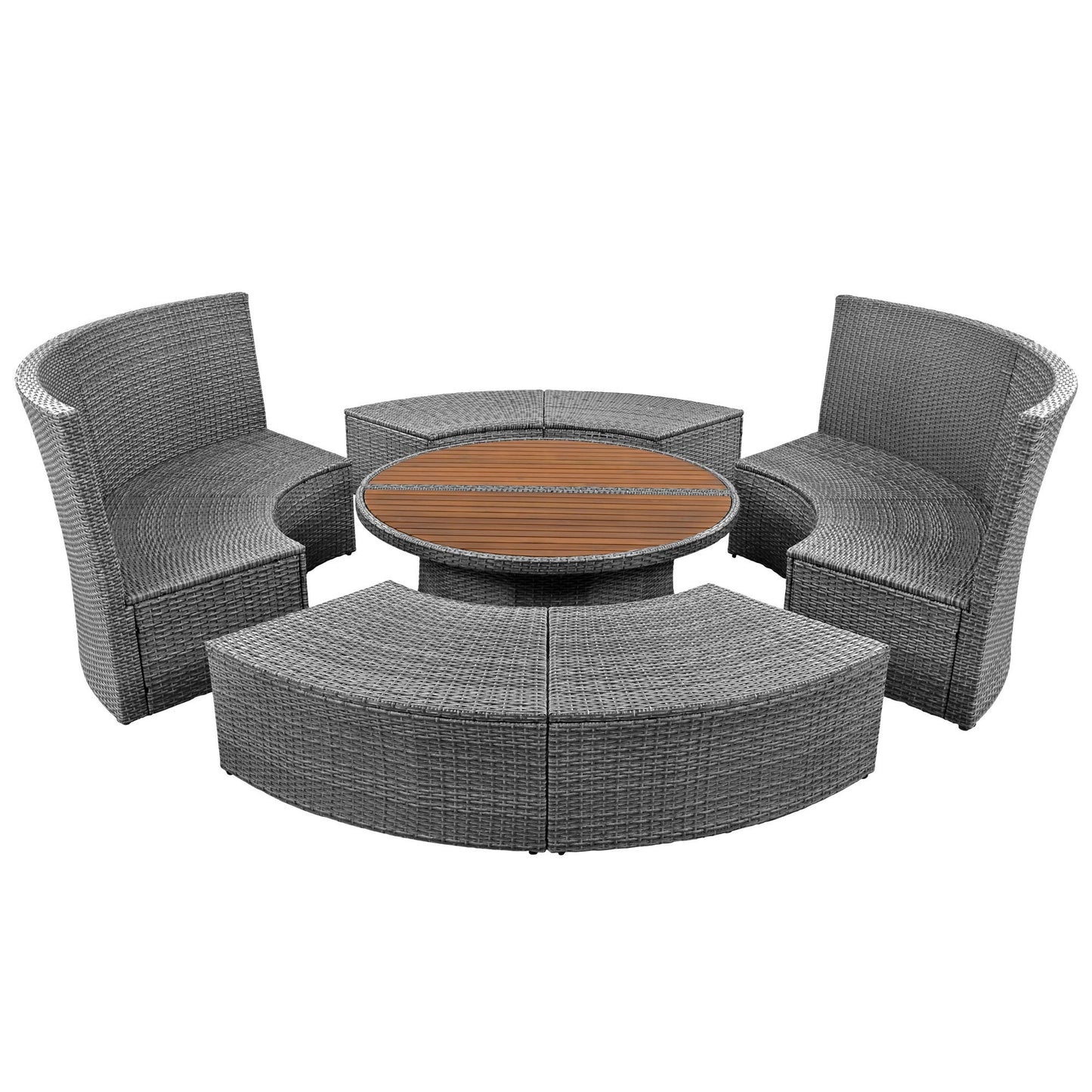 Patio 5-Piece Round Rattan Sectional All-Weather Sofa Set W/ Liftable Table