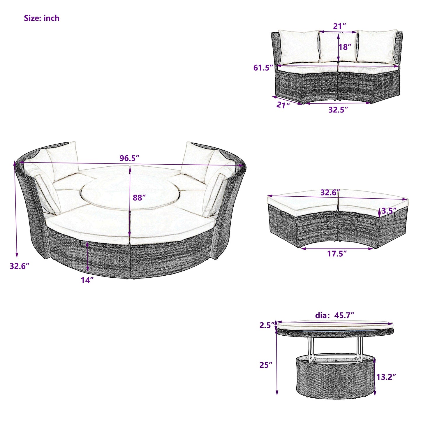 Patio 5-Piece Round Rattan Sectional All-Weather Sofa Set W/ Liftable Table