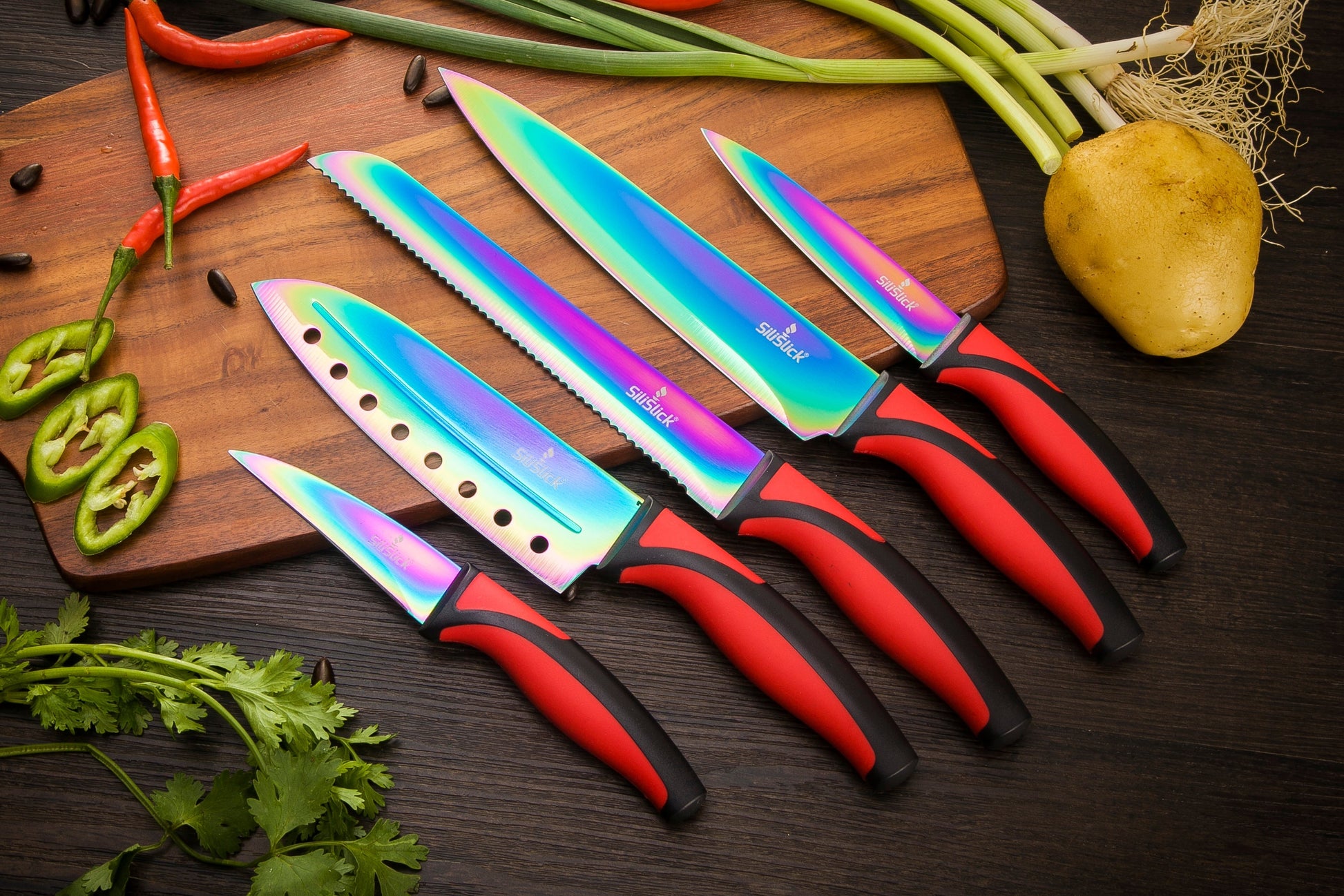 Kitchen Knife Set Kit | Red Handle & Black Magnetic Rack - Phoenix Fire Art Store
