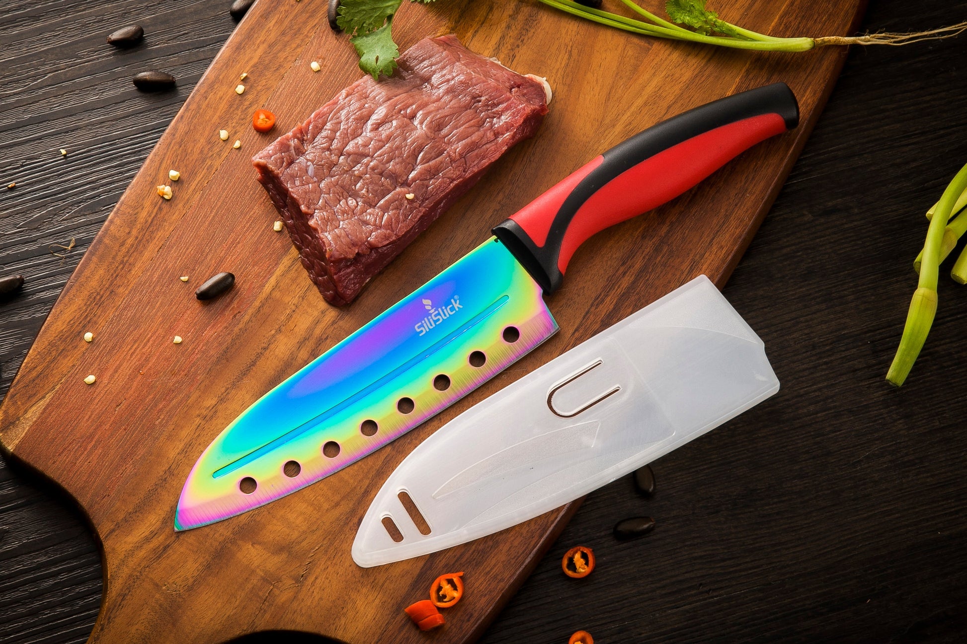 Kitchen Knife Set Kit | Red Handle & Black Magnetic Rack - Phoenix Fire Art Store
