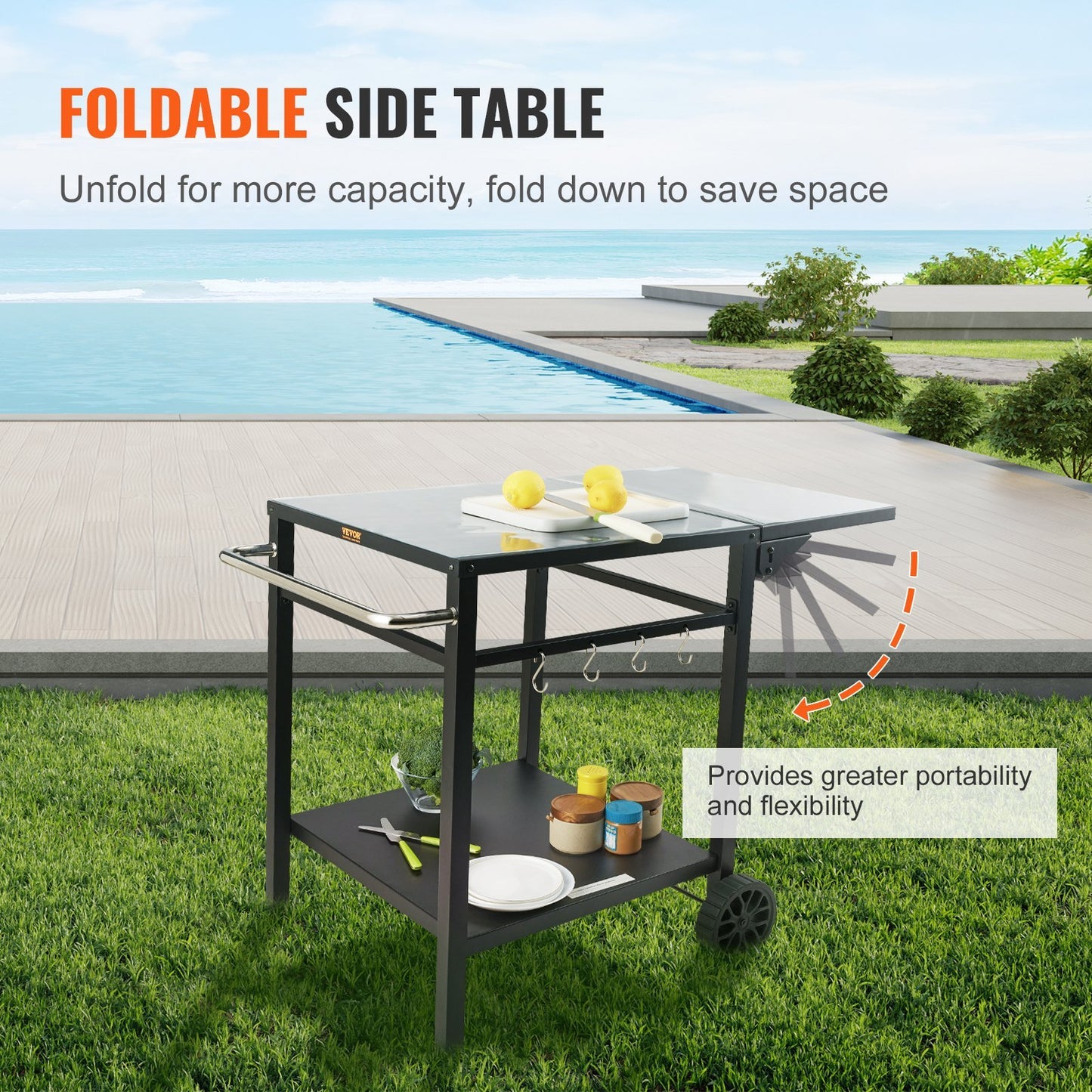 Outdoor Multifunctional Foldable, Portable, Modular Iron Table Top BBQ Grill Dining Cart With Double-Shelf