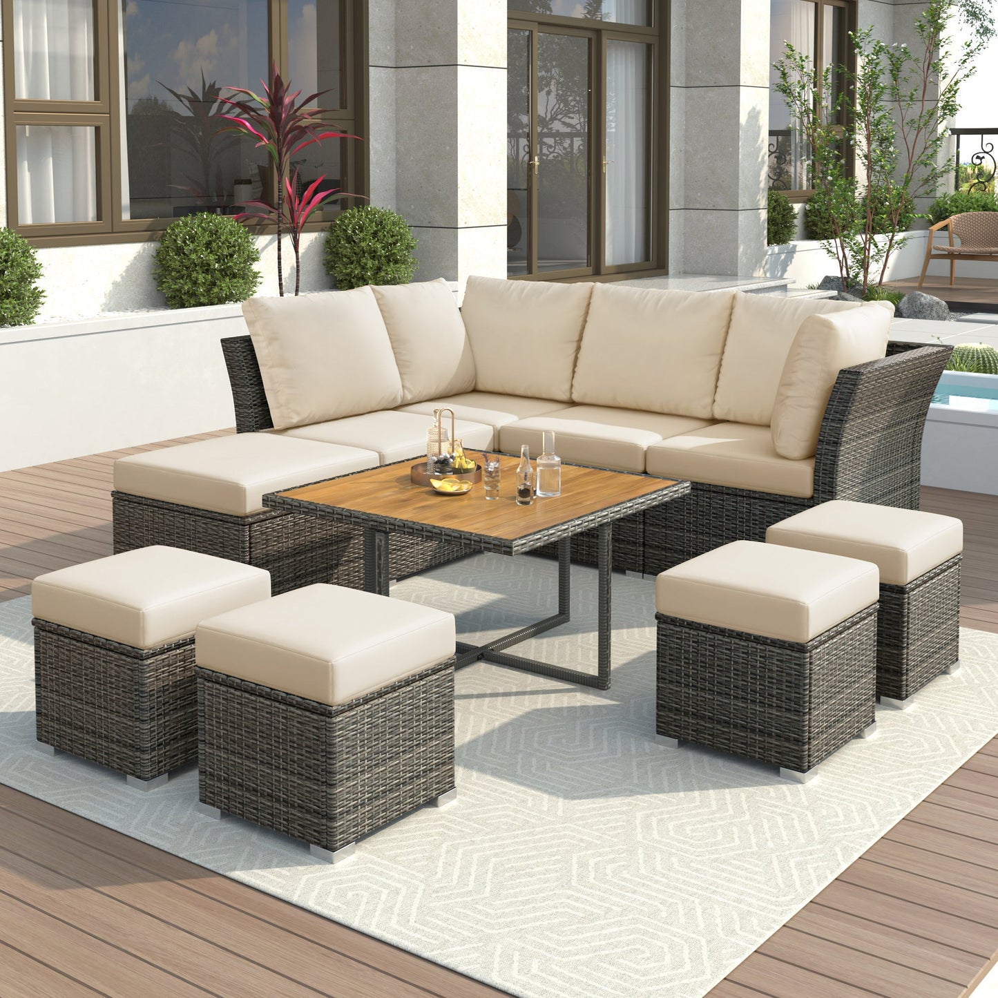 10 Piece Outdoor Wood Coffee Table Furniture Set, W/ Ottomans