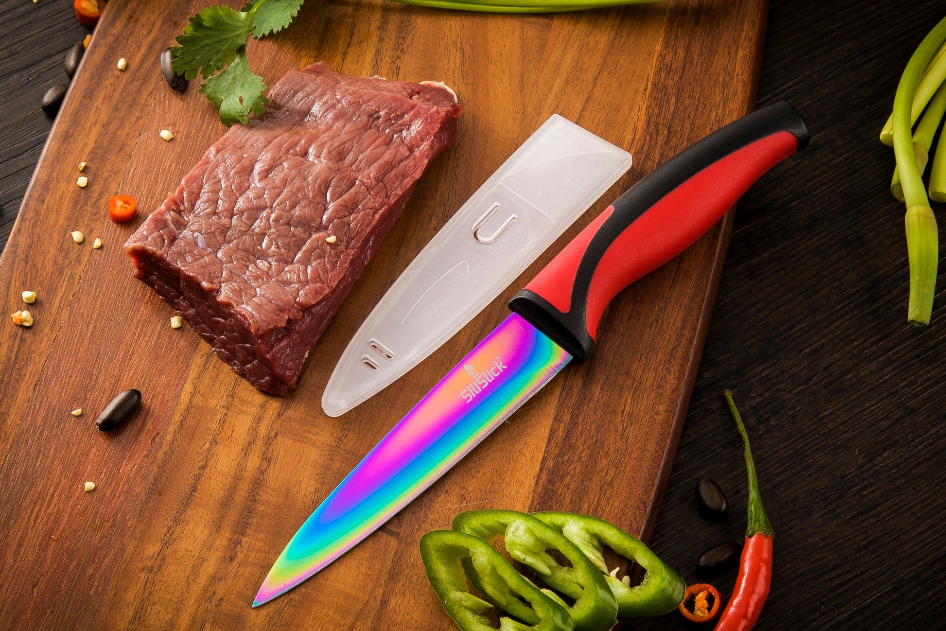 Kitchen Knife Set Kit | Red Handle & Black Magnetic Rack - Phoenix Fire Art Store