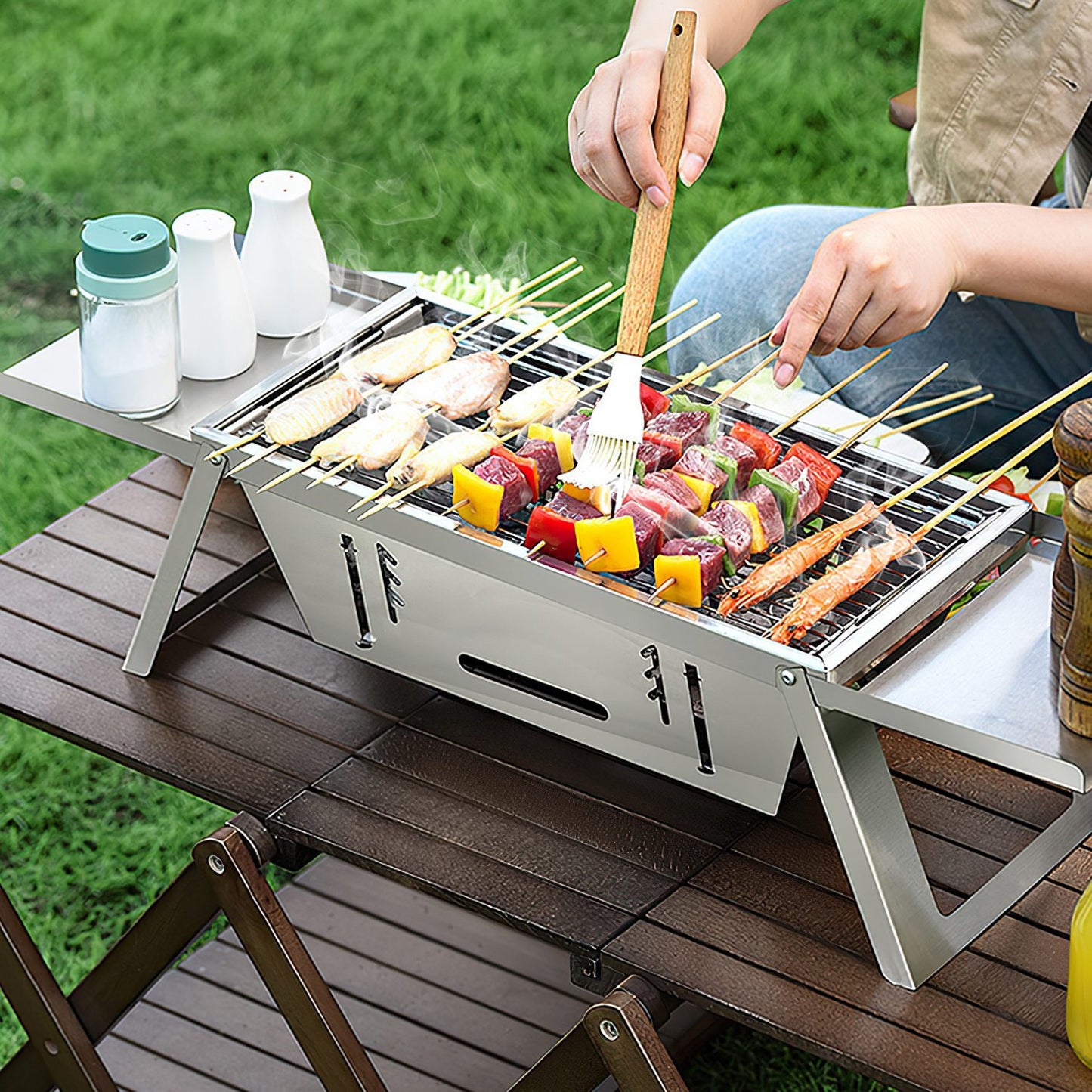 1 Set 3 In 1 Foldable Charcoal Grill Fire Pit Slow Cooker 2-3 People Portable Camping Grill Stainless Steel BBQ Grill - Phoenix Fire Art Store