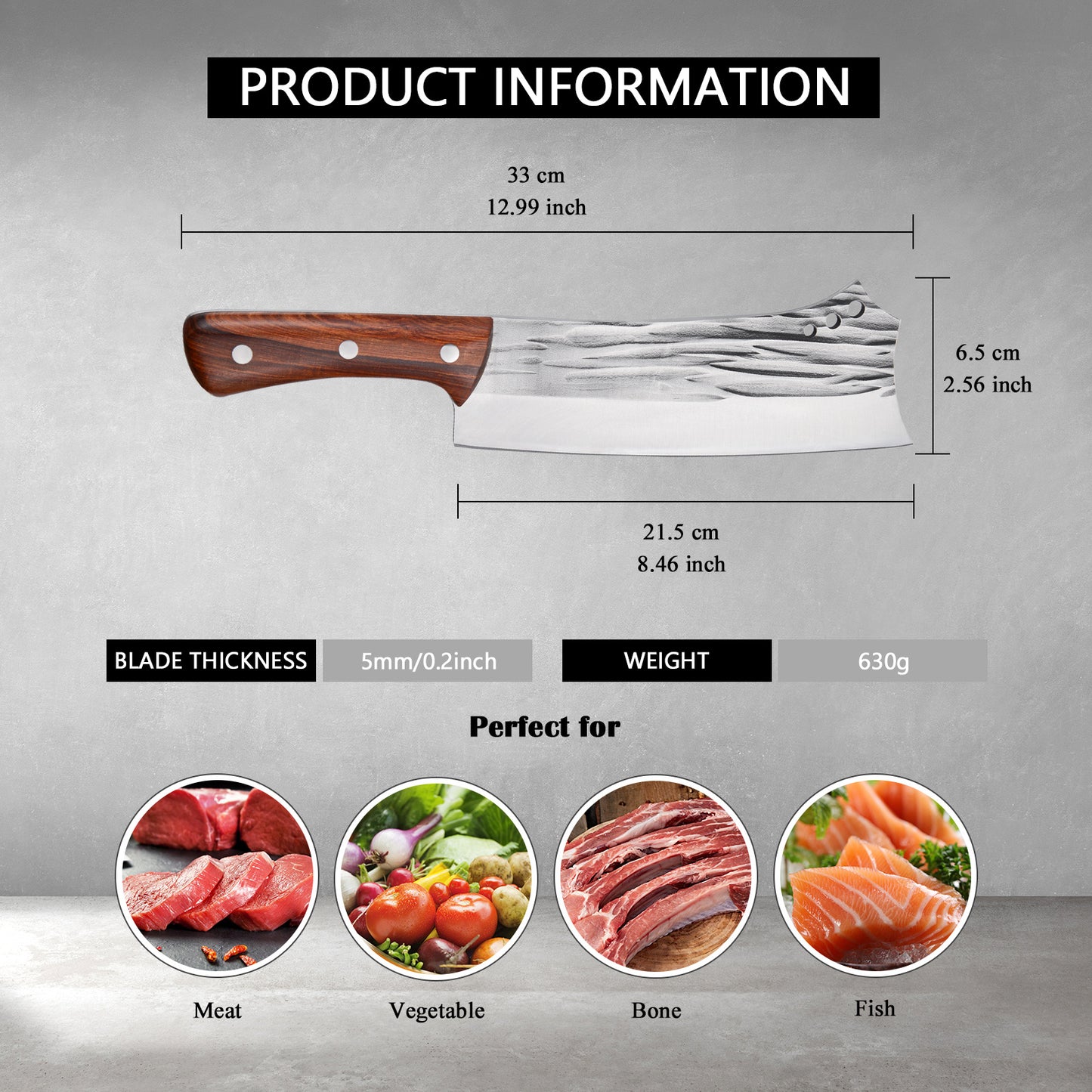 Kegani Meat Cleaver Knife - Heavy Duty Bone Chopper - 1.4 Lbs - Phoenix Fire Art Store