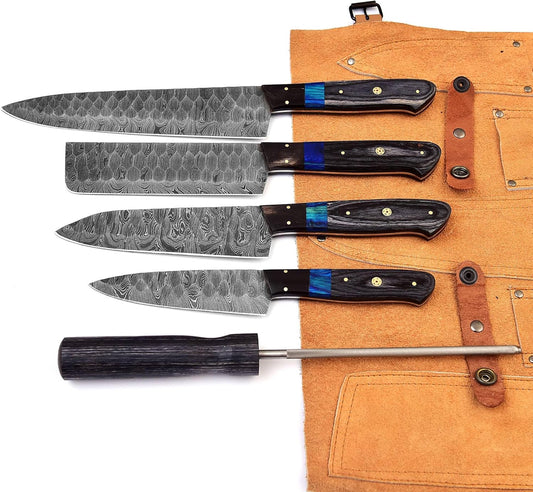 Custom Handmade Damascus Kitchen Knife Set with Sharpener