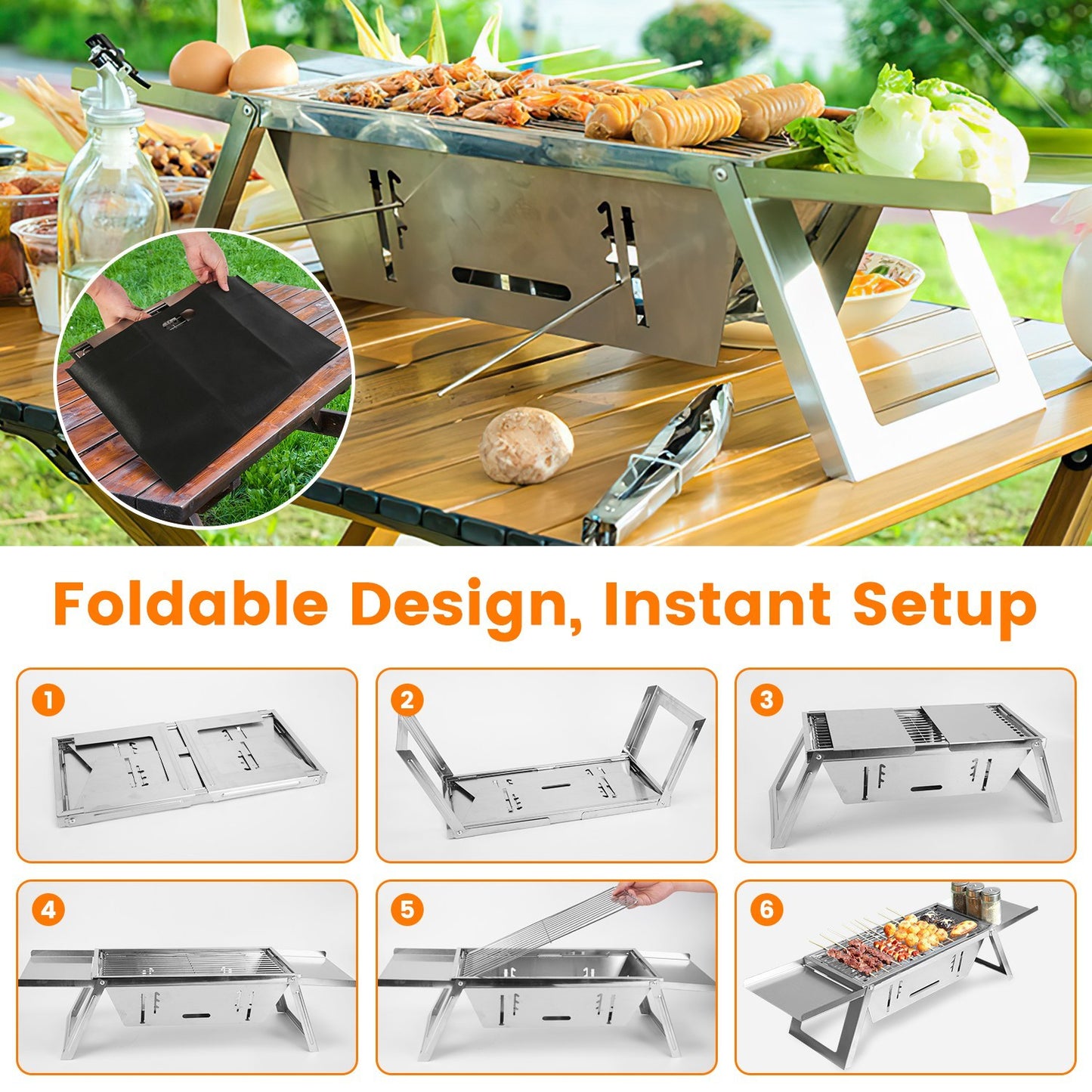1 Set 3 In 1 Foldable Charcoal Grill Fire Pit Slow Cooker 2-3 People Portable Camping Grill Stainless Steel BBQ Grill - Phoenix Fire Art Store