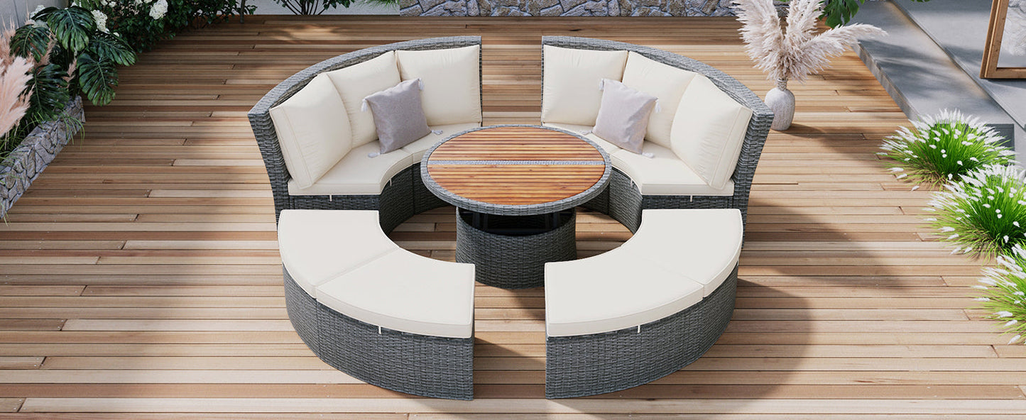 Patio 5-Piece Round Rattan Sectional All-Weather Sofa Set W/ Liftable Table