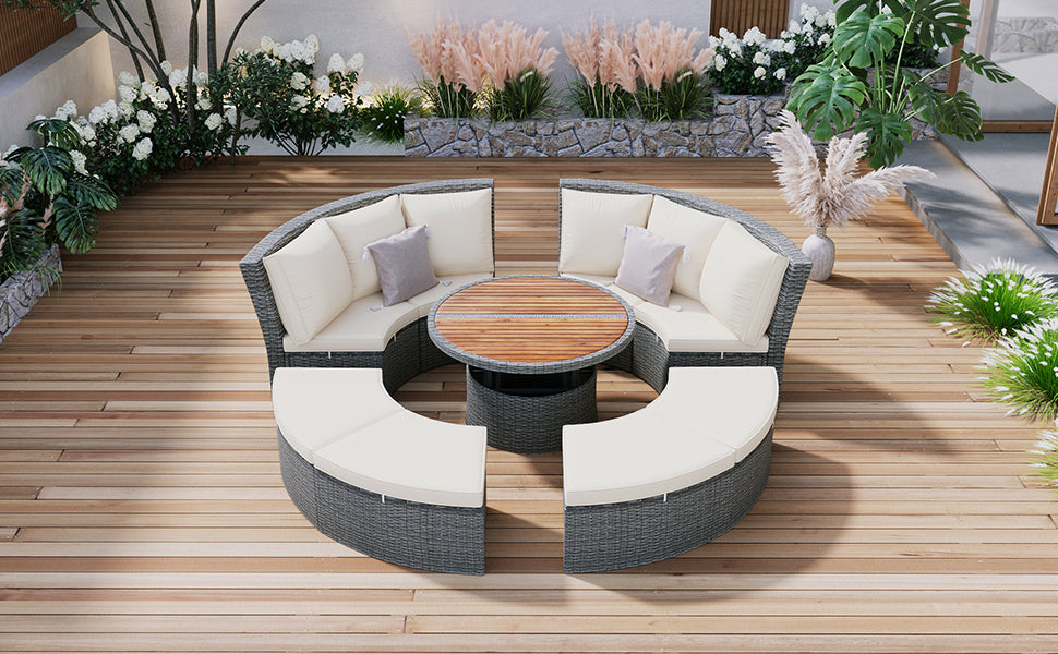Patio 5-Piece Round Rattan Sectional All-Weather Sofa Set W/ Liftable Table