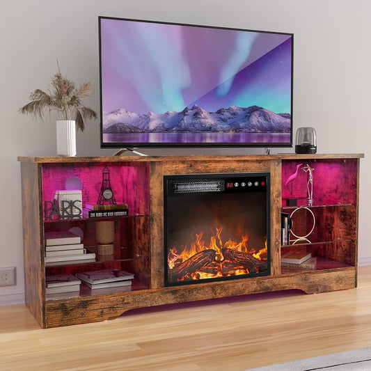 Modern Entertainment Center with 18'' Fireplace for TV's up to 65 Inch, with Adjustable Glass Shelves and Storage Cabinets (Brown)