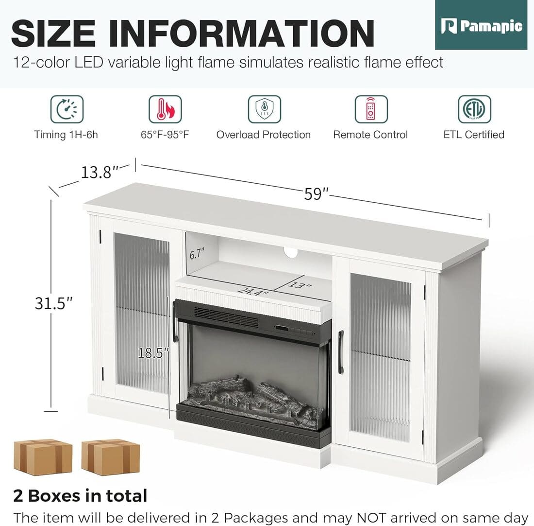 3-Sided Electric Fireplace TV Stand, Farmhouse Entertainment Center with 36" LED Fireplace & Glass Doors for Living Room