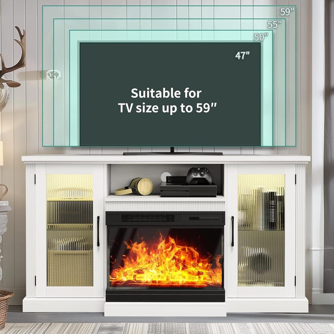 3-Sided Electric Fireplace TV Stand, Farmhouse Entertainment Center with 36" LED Fireplace & Glass Doors for Living Room