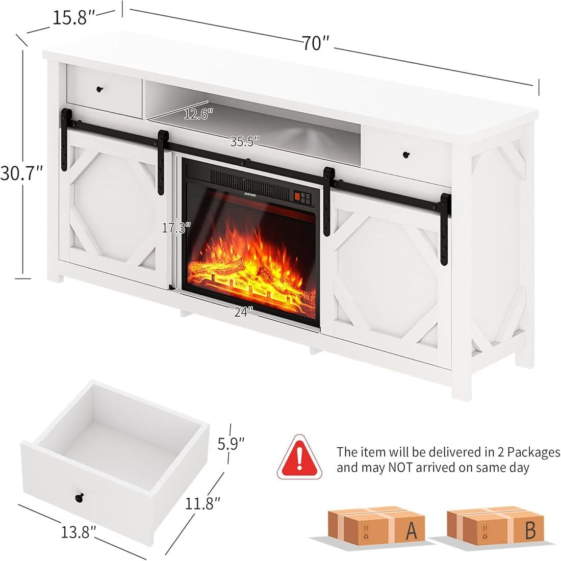 3-Sided Electric Fireplace TV Stand, Farmhouse Entertainment Center with 36" LED Fireplace & Glass Doors for Living Room