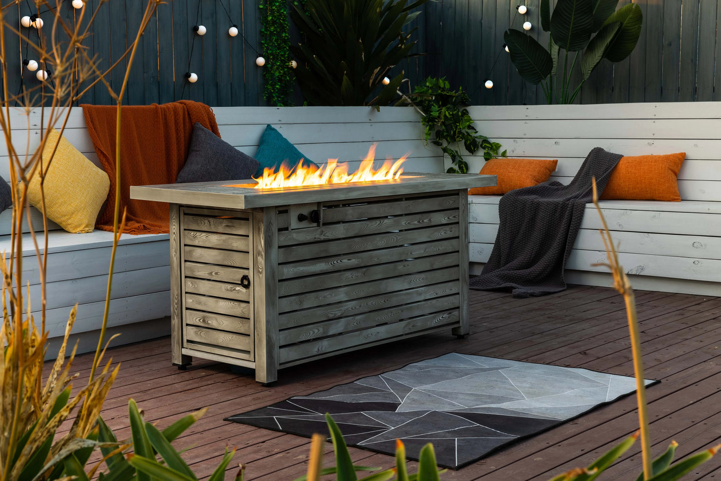 Outdoor Metal Fire Pit Table - Propane Gas Patio Heater with Wood Grain