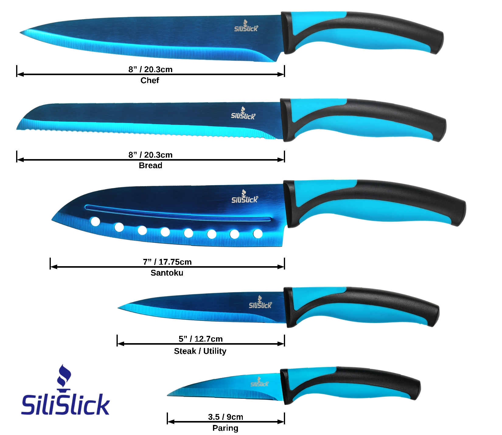 Kitchen Knife Set Kit | Blue Handle, Blue Blade & Black Magnetic Rack - Phoenix Fire Art Store