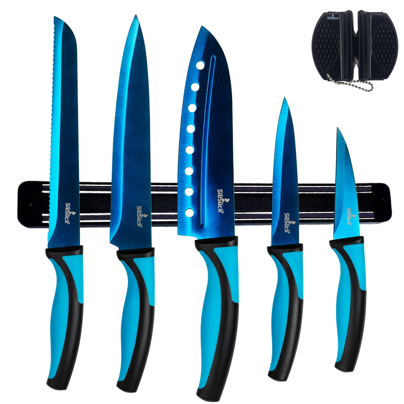 Kitchen Knife Set Kit | Blue Handle, Blue Blade & Black Magnetic Rack - Phoenix Fire Art Store