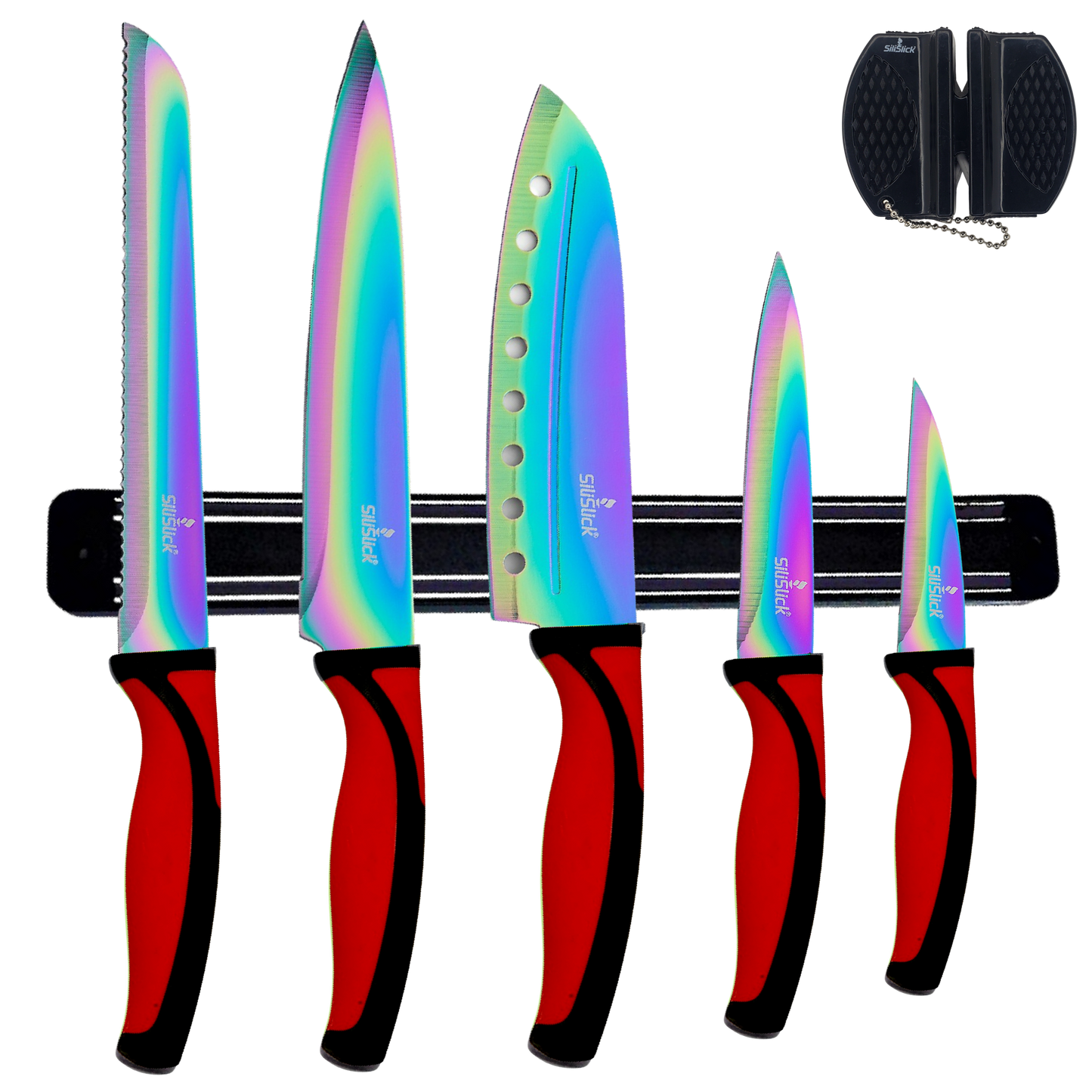Kitchen Knife Set Kit | Red Handle & Black Magnetic Rack - Phoenix Fire Art Store