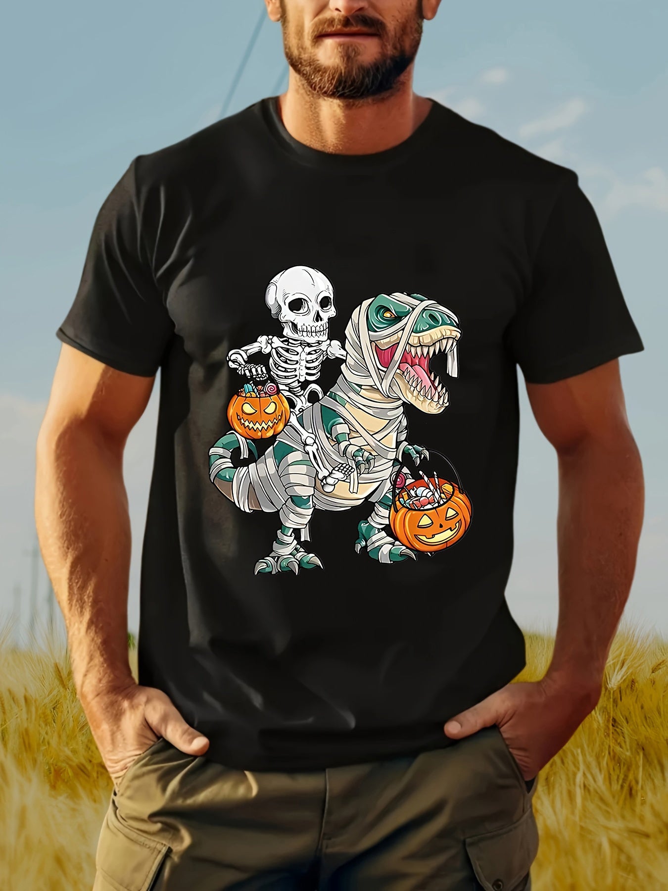 Men's Skull Riding Dinosaur Printed Round Neck Cotton Short Sleeve, Summer Trendy Soft, Comfortable And Breathable Clothing
