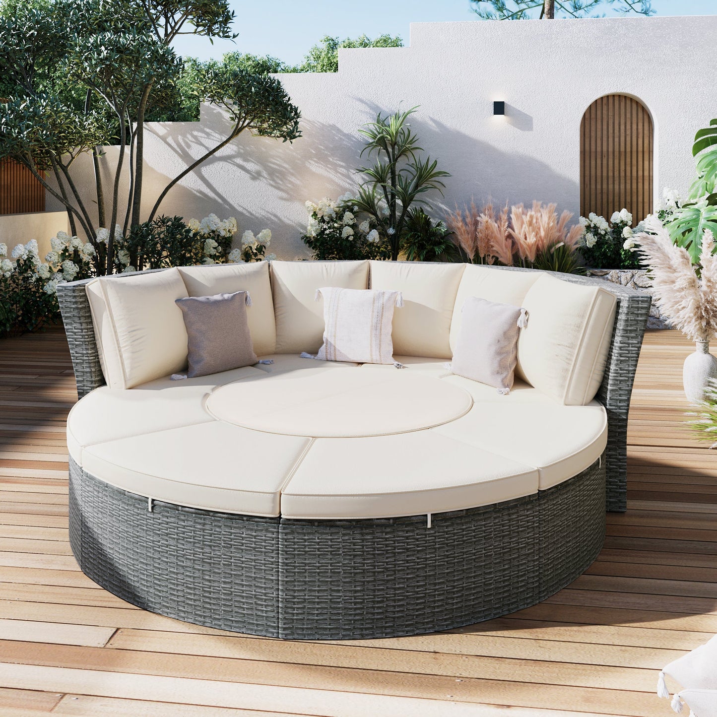 Patio 5-Piece Round Rattan Sectional All-Weather Sofa Set W/ Liftable Table