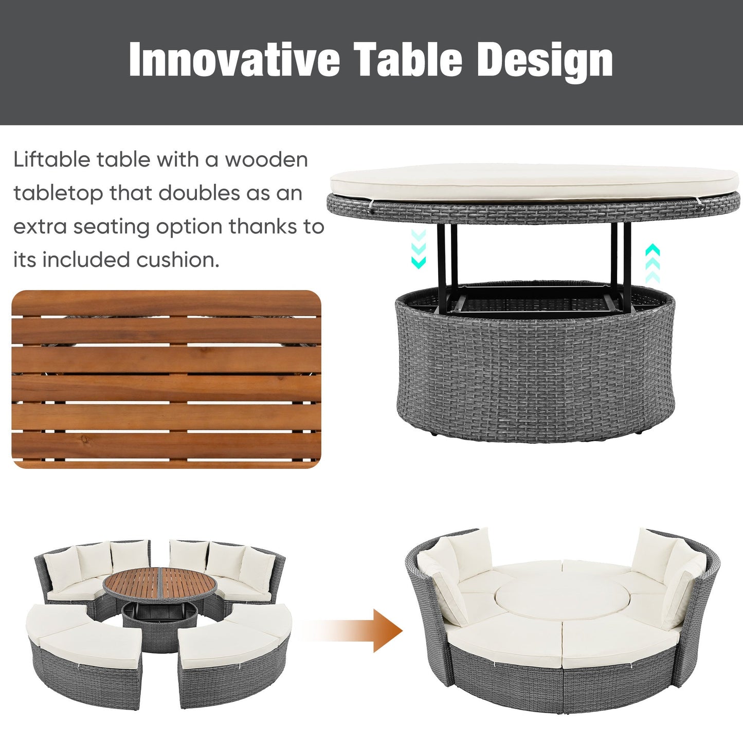 Patio 5-Piece Round Rattan Sectional All-Weather Sofa Set W/ Liftable Table