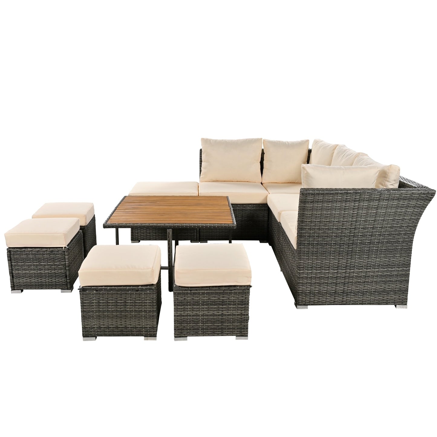 10 Piece Outdoor Wood Coffee Table Furniture Set, W/ Ottomans