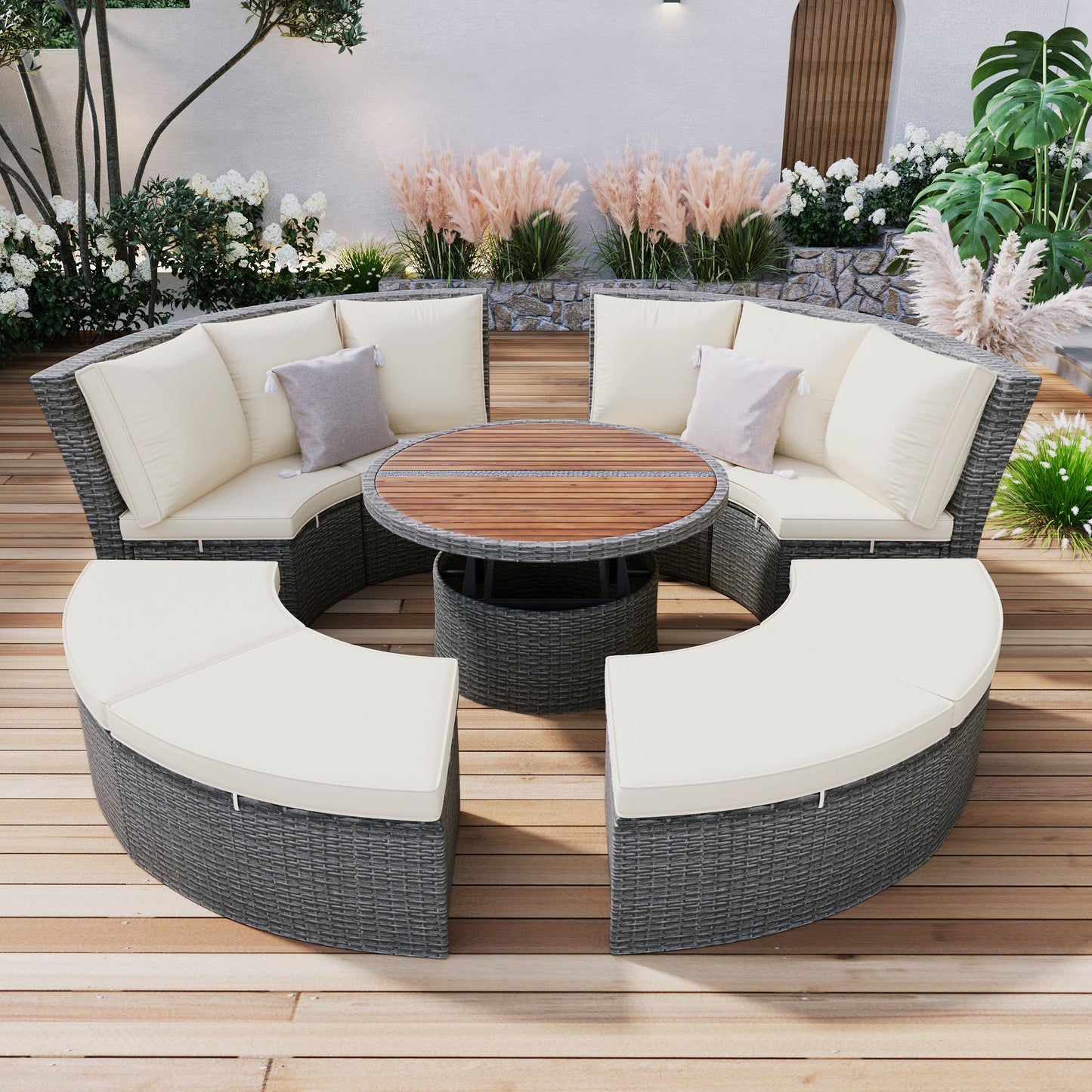 Patio 5-Piece Round Rattan Sectional All-Weather Sofa Set W/ Liftable Table