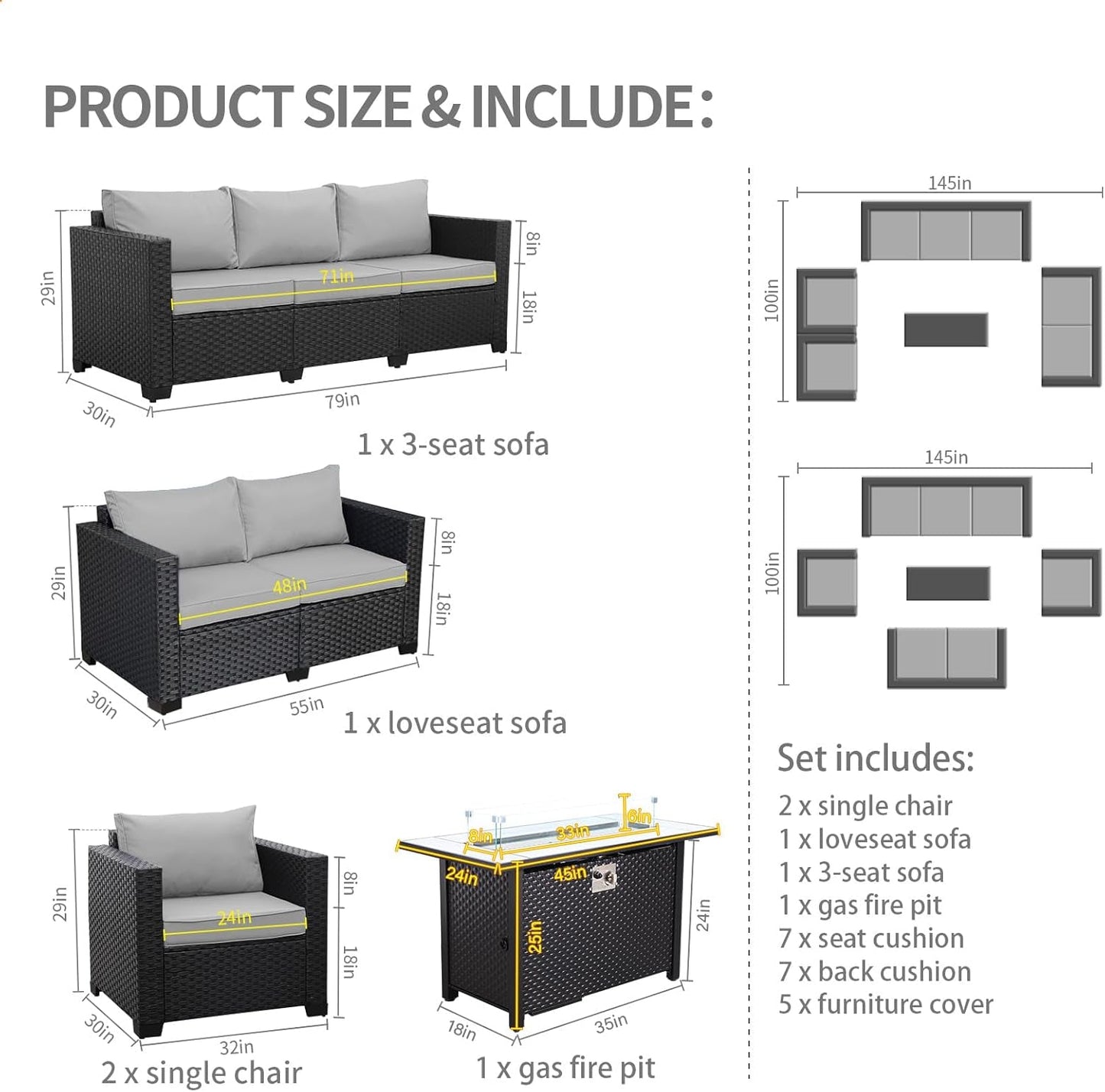 5 Pcs Outdoor Furniture Sets Patio Furniture Set with 45" Fire Pit Patio Couch Outdoor Chairs 60000 BTU Steel Propane Fire Pit Table No-Slip Cushions and Waterproof Covers, Light Grey-1