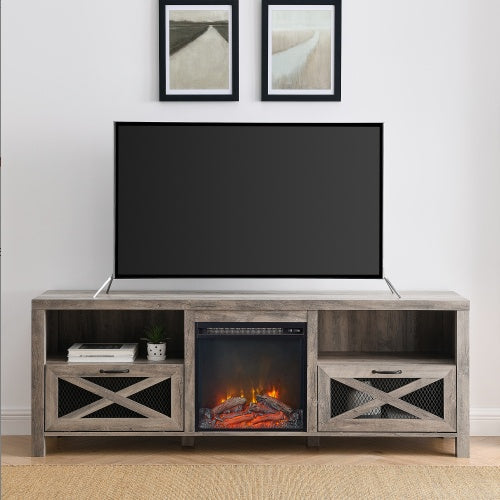 Industrial Farmhouse Metal Mesh Drop-Down X-Door Fireplace TV Stand For TVs - Grey Wash - Phoenix Fire Art Store