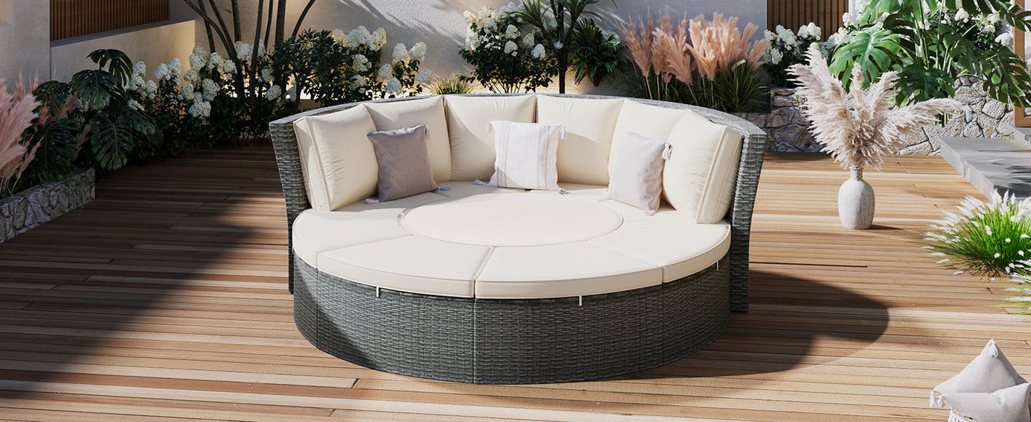 Patio 5-Piece Round Rattan Sectional All-Weather Sofa Set W/ Liftable Table