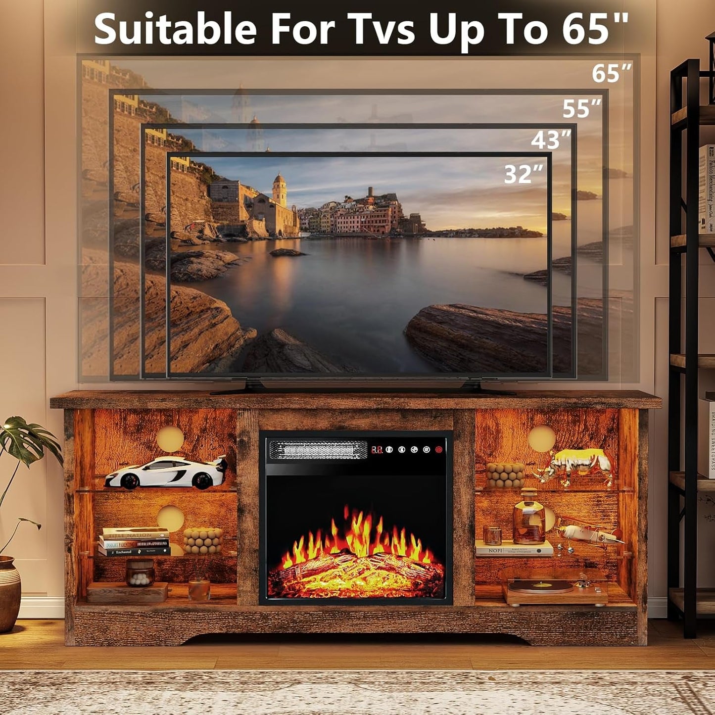 Modern Entertainment Center with 18'' Fireplace for TV's up to 65 Inch, with Adjustable Glass Shelves and Storage Cabinets (Brown)