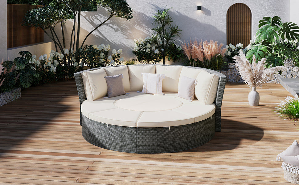 Patio 5-Piece Round Rattan Sectional All-Weather Sofa Set W/ Liftable Table