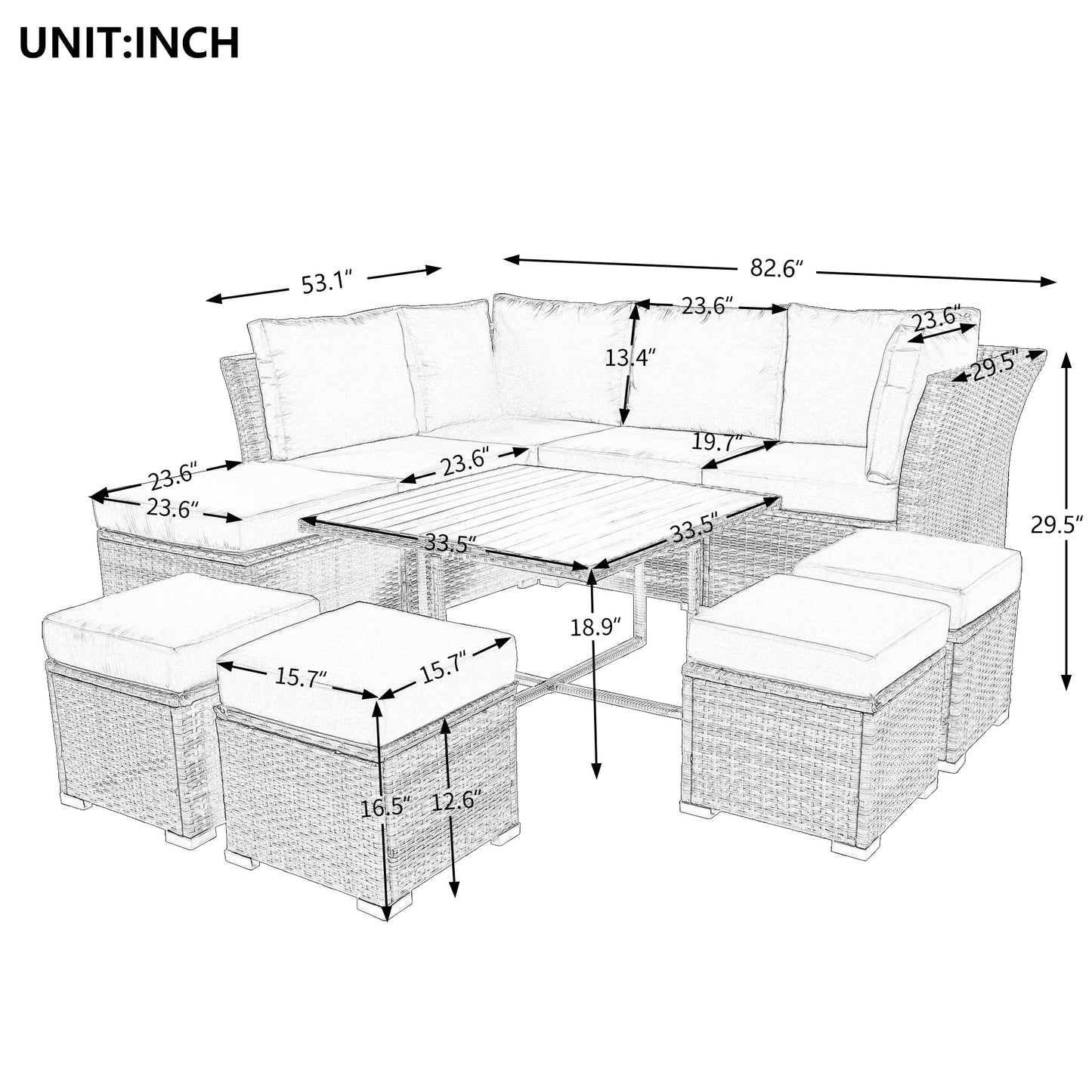 10 Piece Outdoor Wood Coffee Table Furniture Set, W/ Ottomans