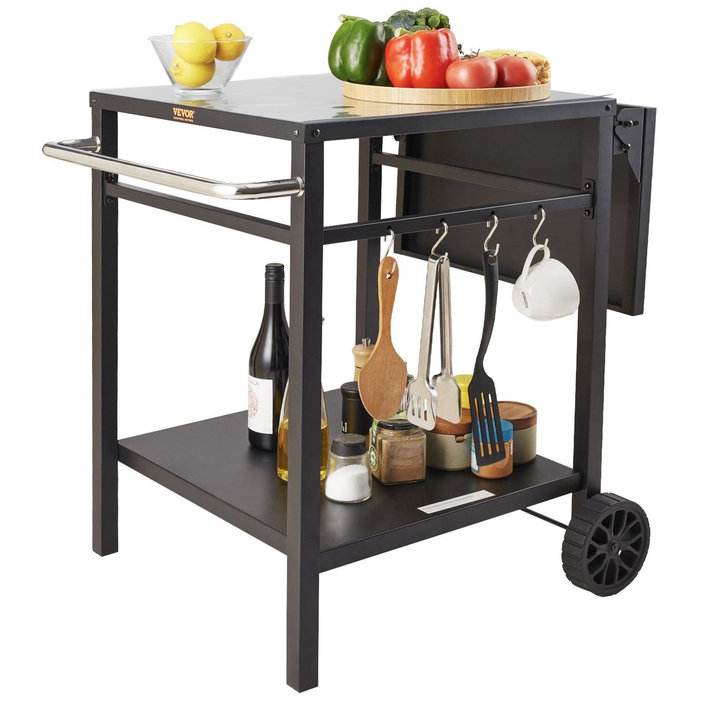 Outdoor Multifunctional Foldable, Portable, Modular Iron Table Top BBQ Grill Dining Cart With Double-Shelf