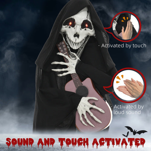 HOMCOM 4.3 Outdoor Halloween Decoration Animatronic Guitar-playing Grim Reaper, Sound And Motion Activated Animated Prop With Light Up Eyes Guitar Music