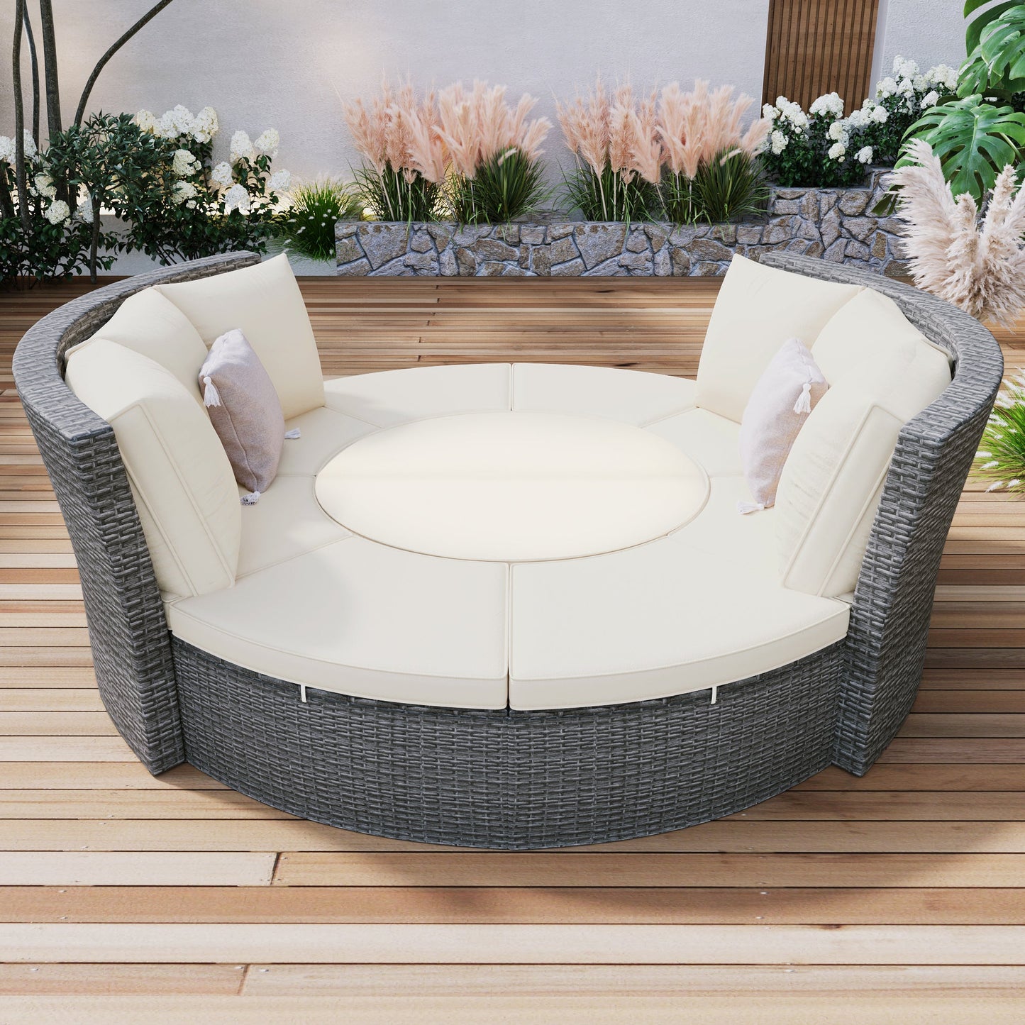 Patio 5-Piece Round Rattan Sectional All-Weather Sofa Set W/ Liftable Table