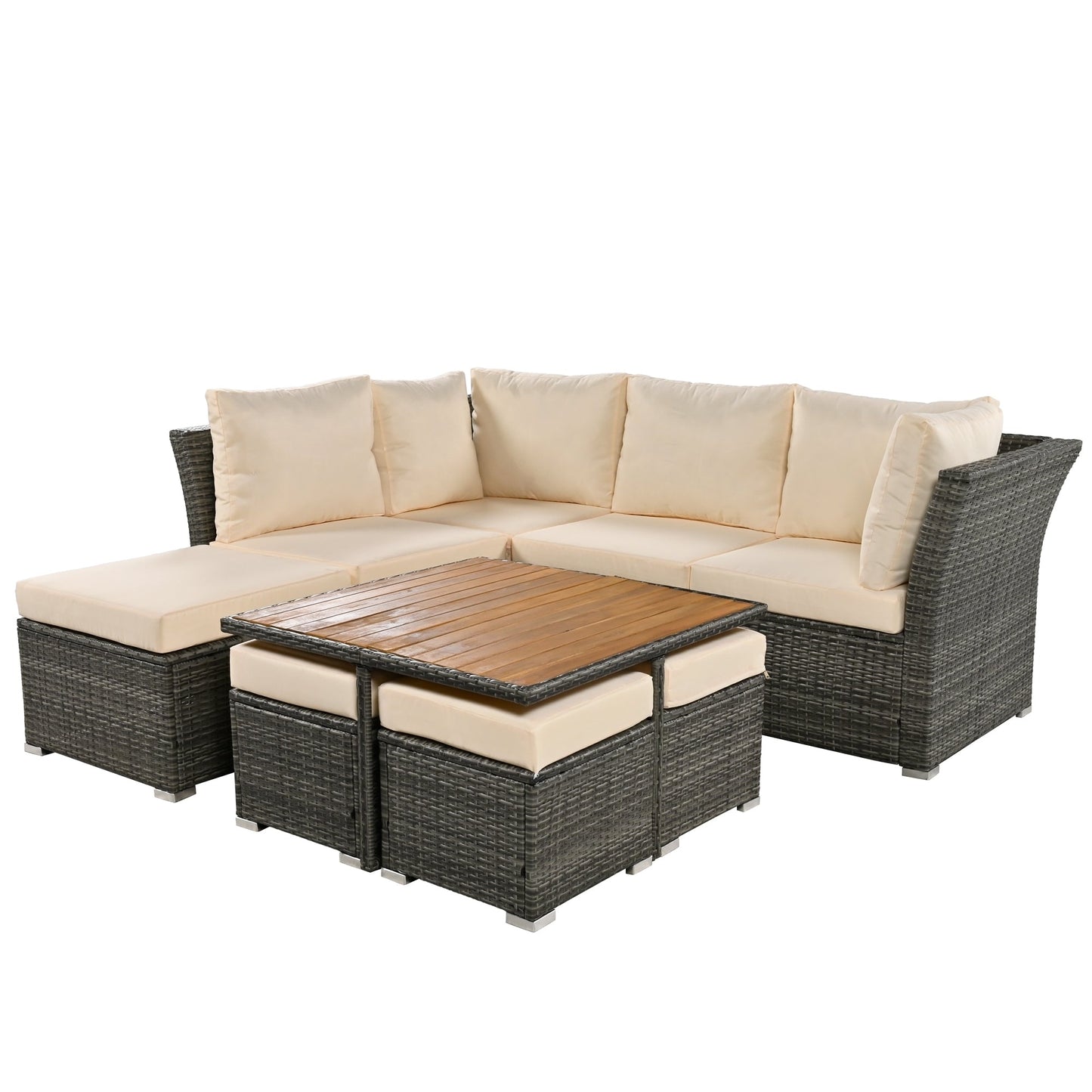 10 Piece Outdoor Wood Coffee Table Furniture Set, W/ Ottomans