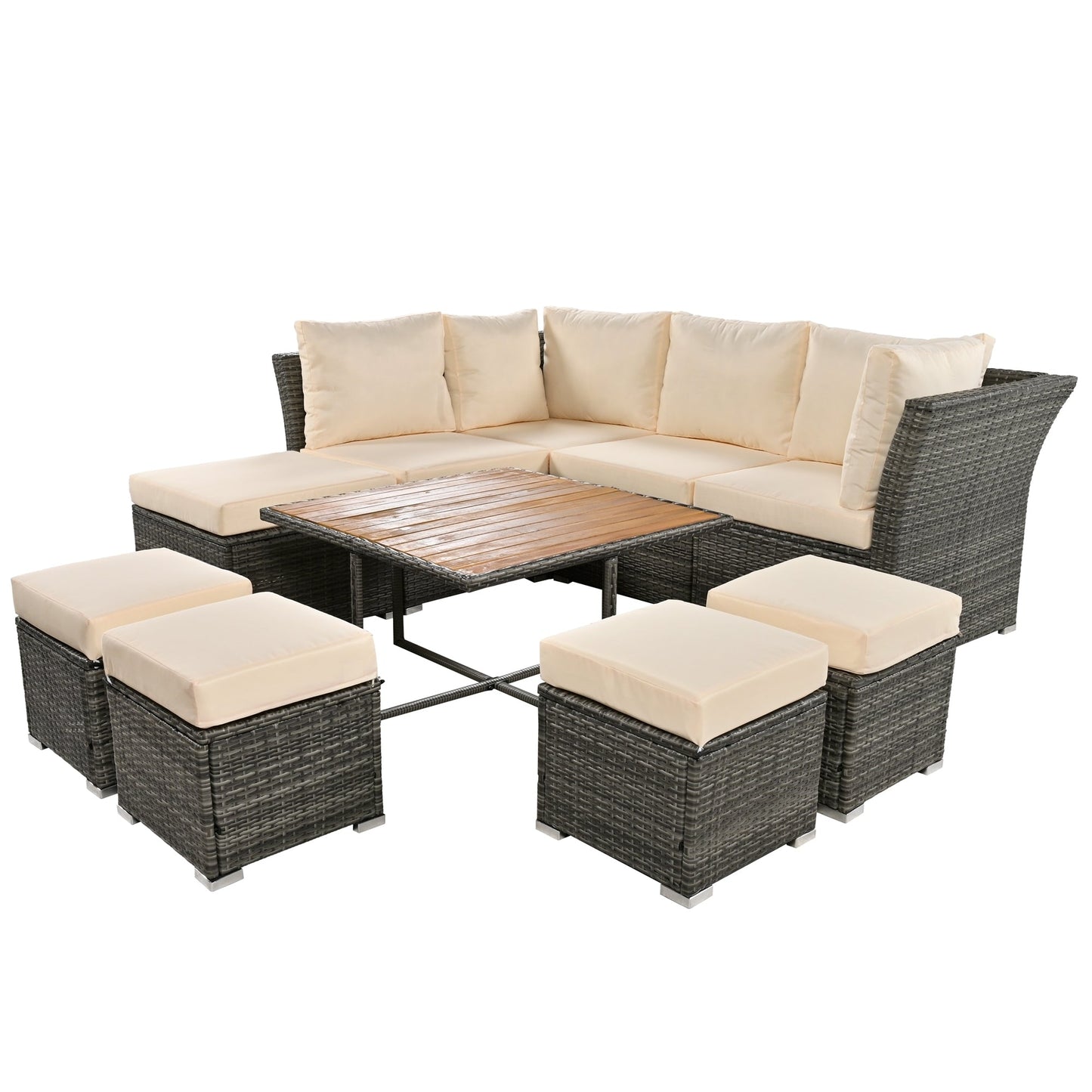 10 Piece Outdoor Wood Coffee Table Furniture Set, W/ Ottomans