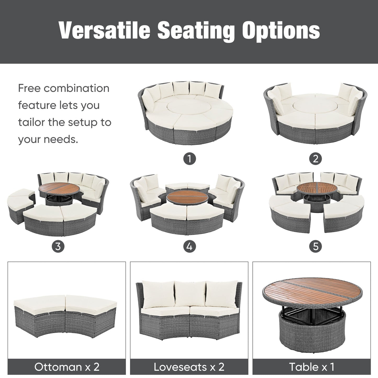 Patio 5-Piece Round Rattan Sectional All-Weather Sofa Set W/ Liftable Table