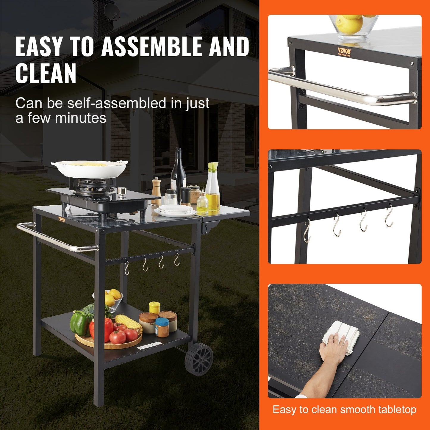 Outdoor Multifunctional Foldable, Portable, Modular Iron Table Top BBQ Grill Dining Cart With Double-Shelf