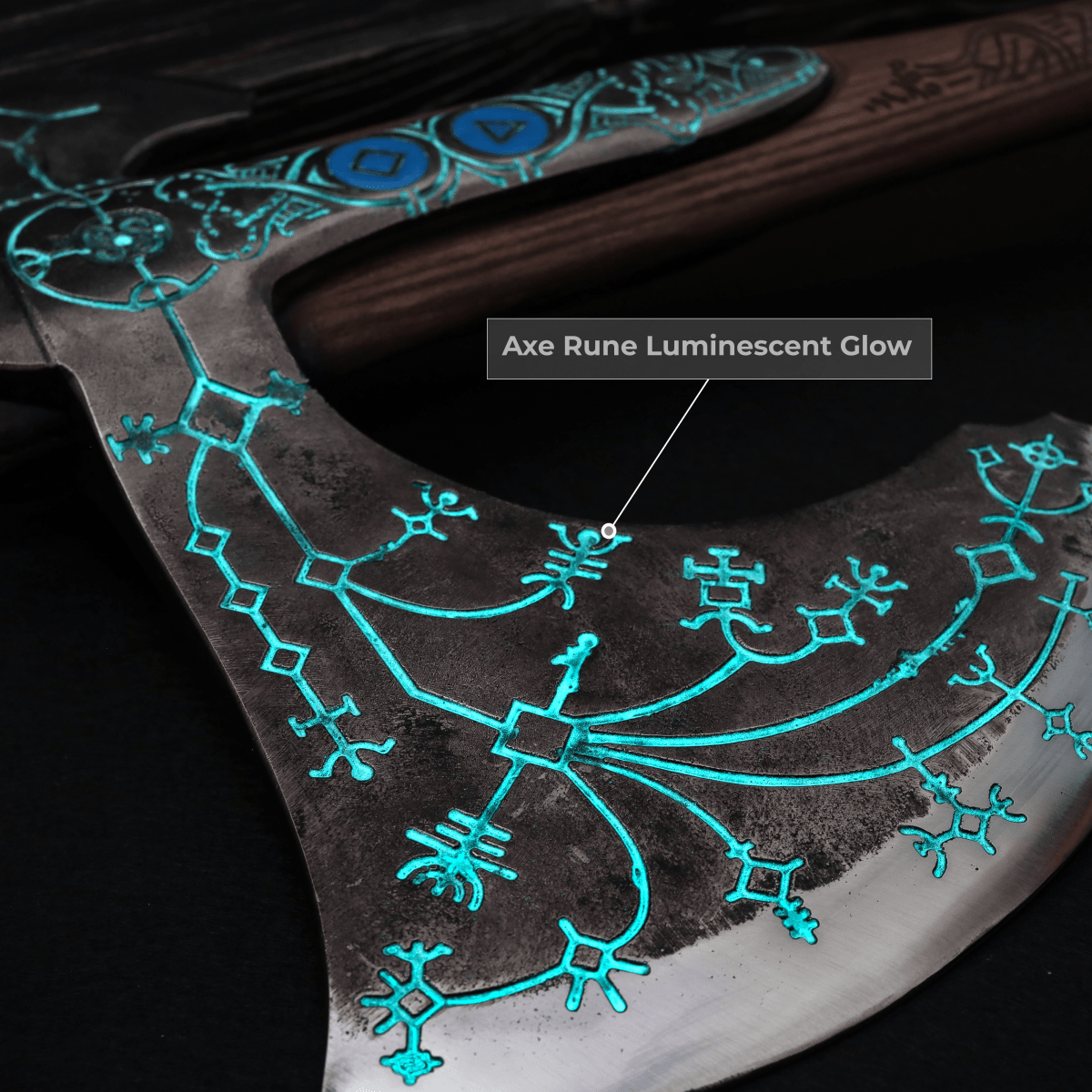 Hand-forged "Ragnarok Kratos axe" with carved handle and Glow-in-the-Dark Runes