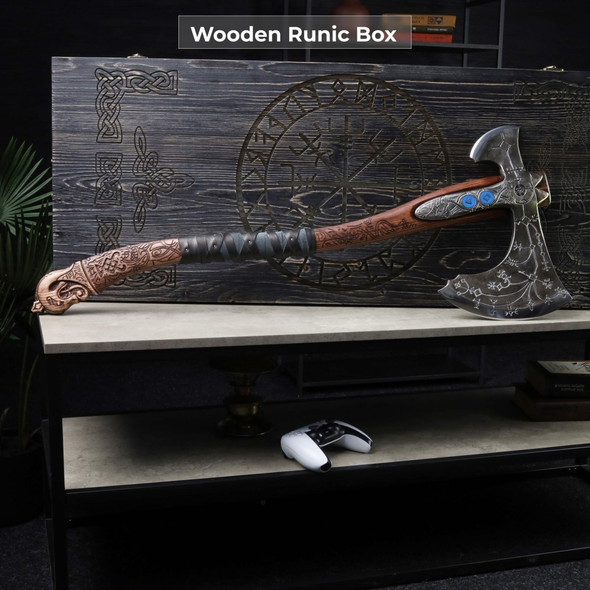 Hand-forged "Ragnarok Kratos axe" with carved handle and Glow-in-the-Dark Runes