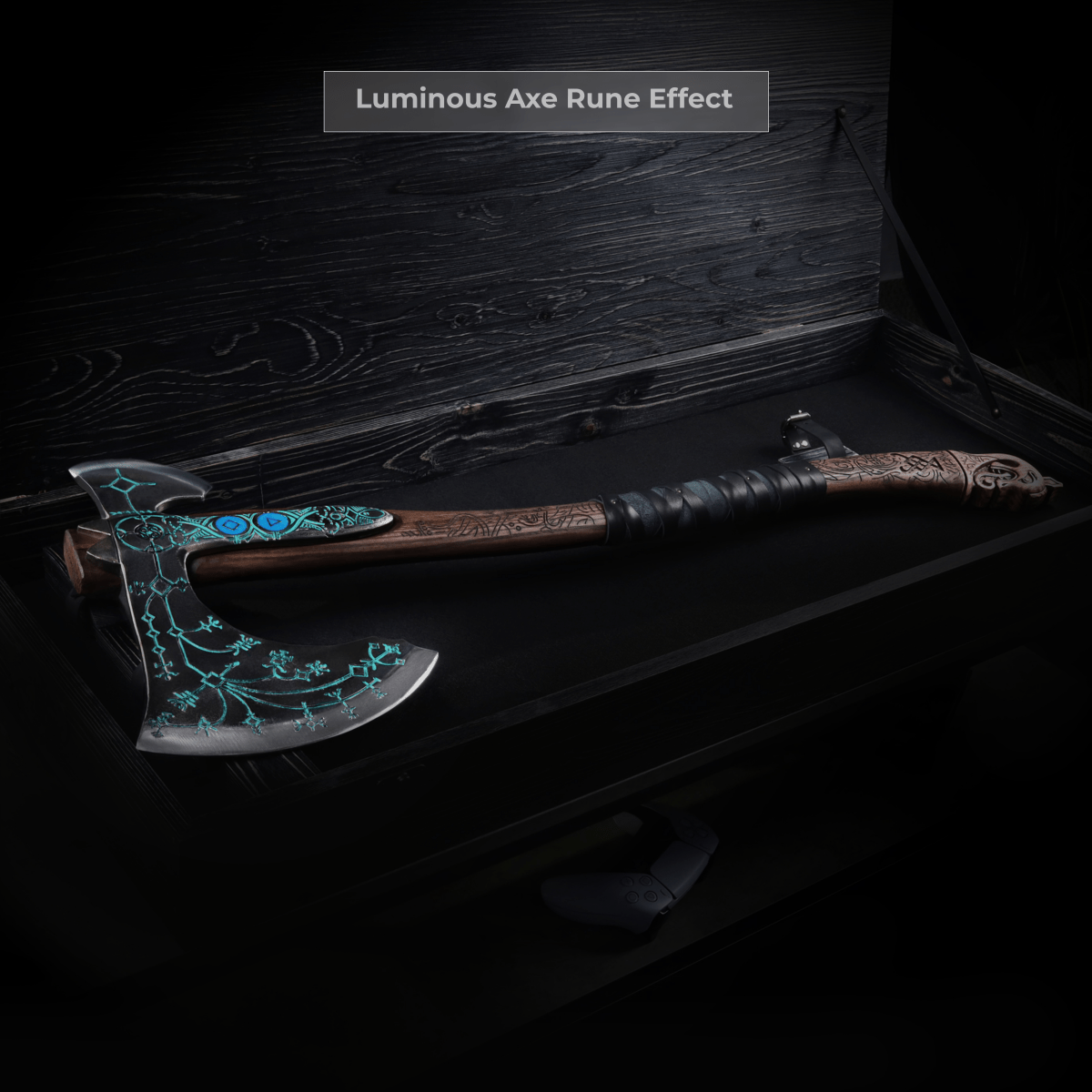 Hand-forged "Ragnarok Kratos axe" with carved handle and Glow-in-the-Dark Runes