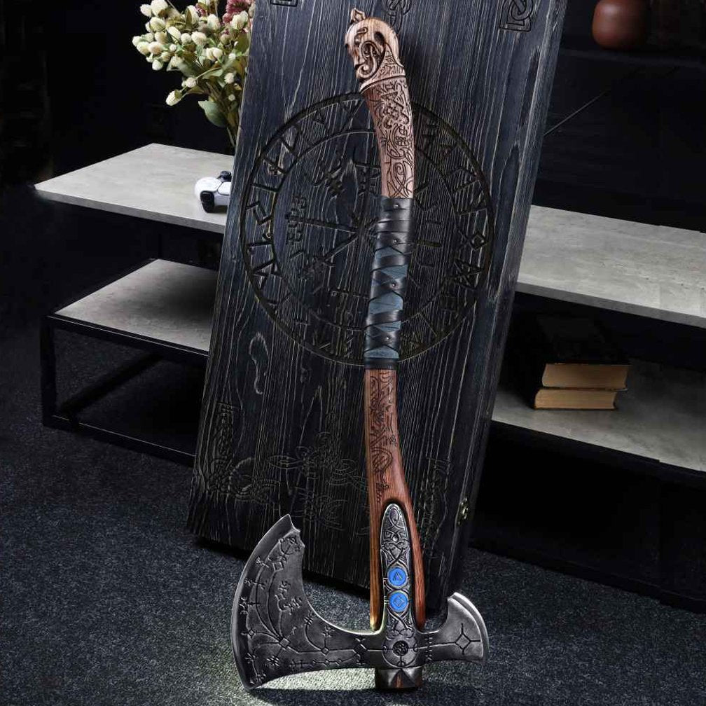 Hand-forged "Ragnarok Kratos axe" with carved handle and Glow-in-the-Dark Runes