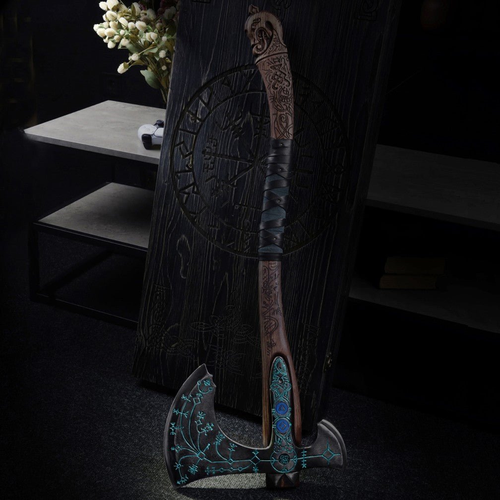 Hand-forged "Ragnarok Kratos axe" with carved handle and Glow-in-the-Dark Runes