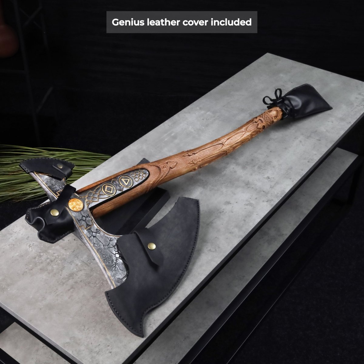 Handcrafted Leviathan axe with leather cover and glow in the dark runes