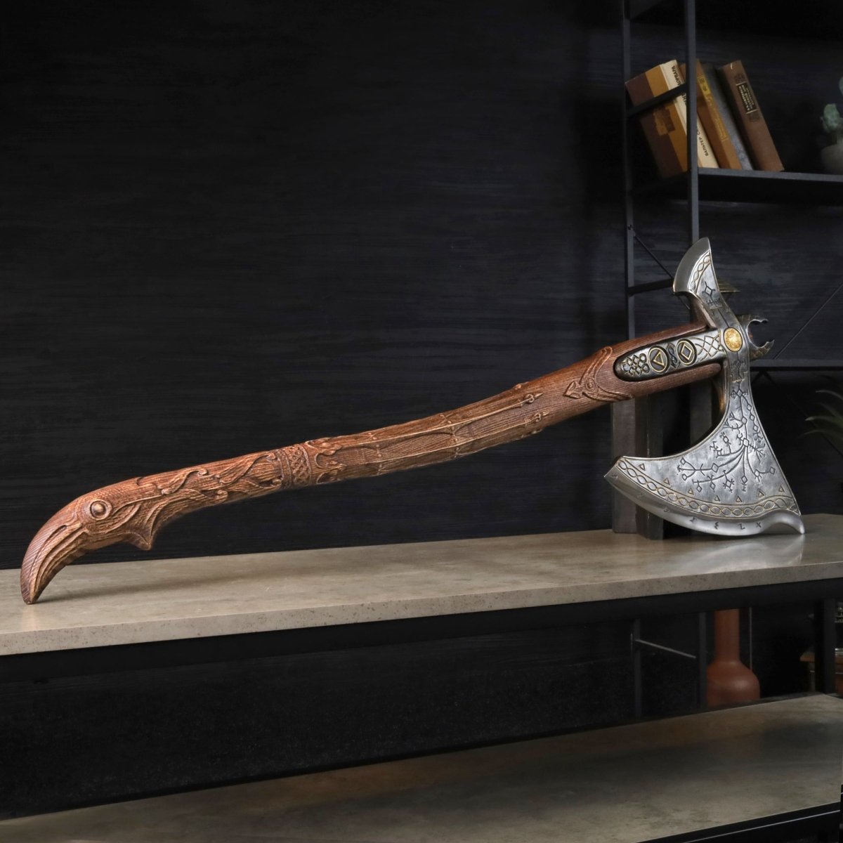 Handcrafted Leviathan axe with leather cover and glow in the dark runes