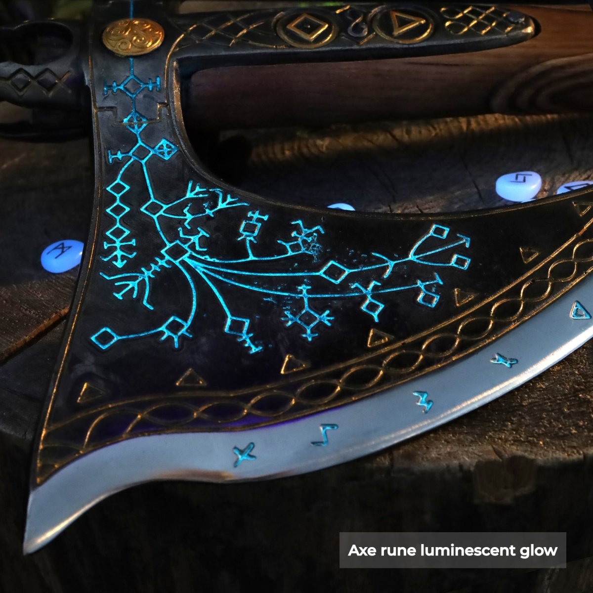 Handcrafted Leviathan axe with leather cover and glow in the dark runes