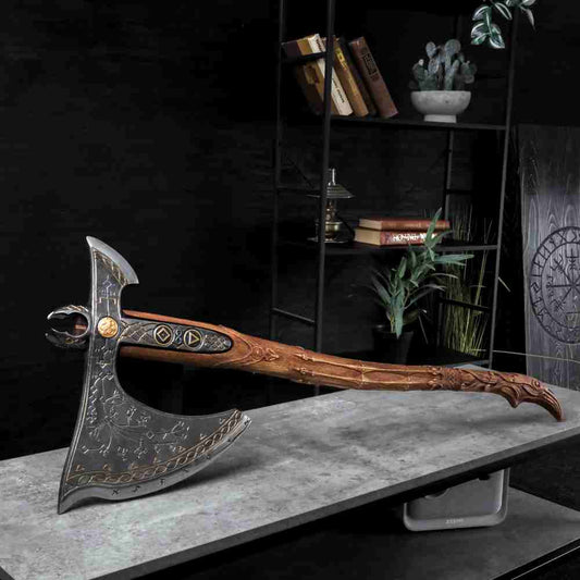 Handcrafted Leviathan axe with leather cover and glow in the dark runes