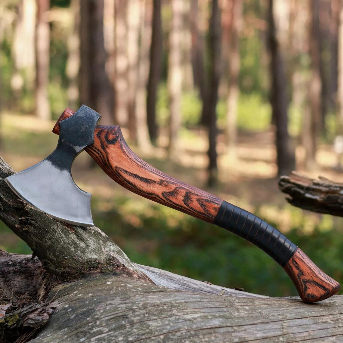 1095 Steel Blade Custom Handcrafted Tomahawk | Rosewood Handle with Leather Wrap & Sheath